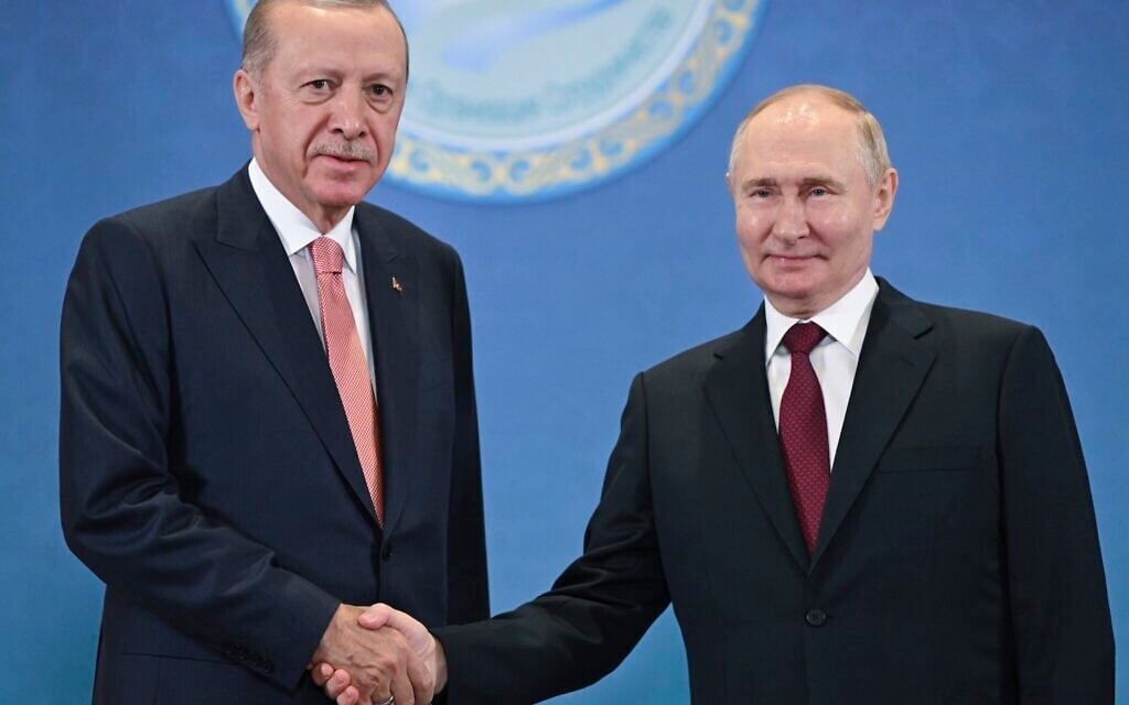 Russian President Vladimir Putin, right, and Turkish President Recep Tayyip Erdogan shake hands as they pose for photos during a meeting on the sidelines of the Shanghai Cooperation Organization summit in Astana, Kazakhstan, on July 3, 2024. (Sergey Guneyev, Sputnik, Kremlin Pool Photo via AP, File) Russian President Vladimir Putin, right, and Turkish President Recep Tayyip Erdogan shake hands as they pose for photos during a meeting on the sidelines of the Shanghai Cooperation Organization summit in Astana, Kazakhstan, on July 3, 2024. (Sergey Guneyev, Sputnik, Kremlin Pool Photo via AP, File)