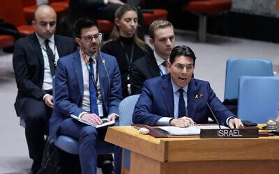 Danny Danon, Israeli ambassador to the United Nations, talks during a Security Council meeting at United Nations headquarters, December 18, 2024. (AP Photo/ Seth Wenig)