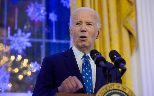 US President Joe Biden speaks during a Hanukkah reception in the East Room of the White House in Washington, December 16, 2024. (Rod Lamkey, Jr./AP) US President Joe Biden speaks during a Hanukkah reception in the East Room of the White House in Washington, December 16, 2024. (Rod Lamkey, Jr./AP)