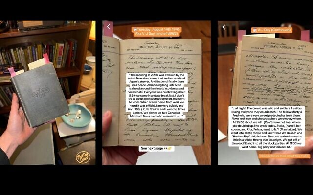 The repurposed 1916 diary used by Charlotte Buchsbaum to document her life and the end of World War II. (Left image courtesy of Helaina Ferraoili. Center, right images screenshots via TikTok vi JTA)