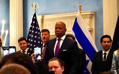 New York City Mayor Eric Adams hosts a Hanukkah event at his official residence in New York City, December 17, 2024. (Luke Tress/Times of Israel)