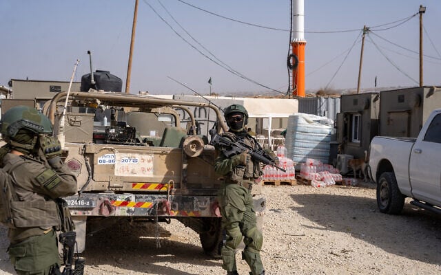 Inside an IDF forward operating base in the Netzarim Corridor in the central Gaza Strip, December 26, 2024. (Emanuel Fabian/Times of Israel)