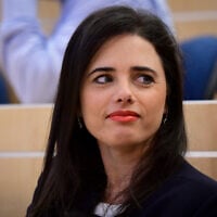 Ayelet Shaked attends International Holocaust Remembrance Day Ceremony in memory of Holocaust survivor Meir Grant, in Herzliya, January 27, 2020. (Avshalom Sassoni/Flash90)