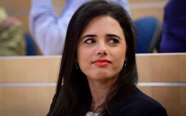 Ayelet Shaked attends International Holocaust Remembrance Day Ceremony in memory of Holocaust survivor Meir Grant, in Herzliya, January 27, 2020. (Avshalom Sassoni/Flash90)