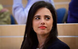Ayelet Shaked attends International Holocaust Remembrance Day Ceremony in memory of Holocaust survivor Meir Grant, in Herzliya, January 27, 2020. (Avshalom Sassoni/Flash90)