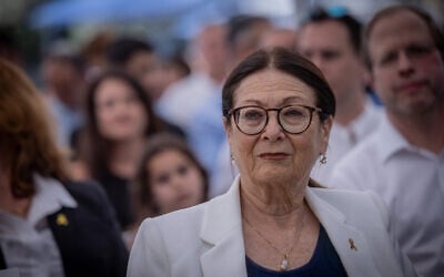 Former Supreme Court president Esther Hayut attends a swearing-in ceremony for newly appointed judges at the President's Residence in Jerusalem, on June 23, 2024. (Chaim Goldberg/Flash90) Former Supreme Court president Esther Hayut attends a swearing-in ceremony for newly appointed judges at the President's Residence in Jerusalem, on June 23, 2024. (Chaim Goldberg/Flash90)