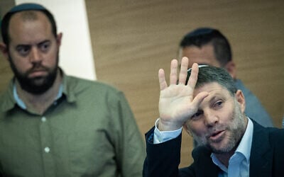 Finance Minister Bezalel Smotrich attends a Finance Committee meeting at the Knesset, in Jerusalem, on December 3, 2024. (Yonatan Sindel/Flash90)