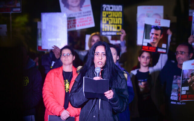 Einav Zangauker speaks at a press conference held by families of the hostages, in Tel Aviv on December 28, 2024. (Avshalom Sassoni/Flash90)