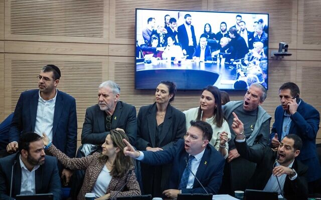 Members of the opposition react during a Finance Committee meeting, in the Knesset in Jerusalem on December 31, 2024. (Chaim Goldberg/Flash90) Members of the opposition react during a Finance Committee meeting, in the Knesset in Jerusalem on December 31, 2024. (Chaim Goldberg/Flash90)