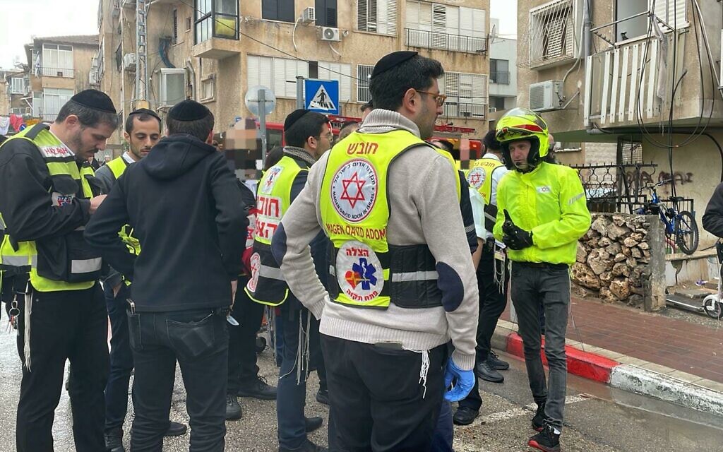 Medics at the scene of an apartment fire in Bnei Brak on December 31, 2024 (Magen David Adom)