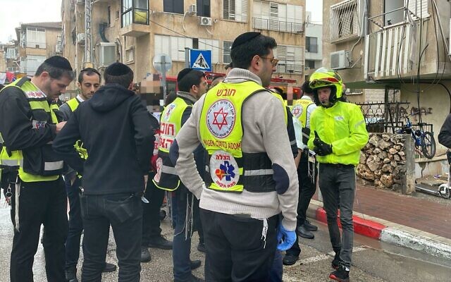 Medics at the scene of an apartment fire in Bnei Brak on December 31, 2024 (Magen David Adom)