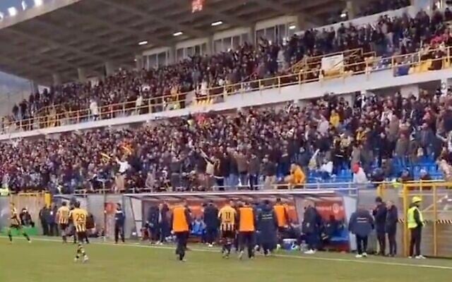 Screen capture from video of Italian soccer fans giving fascist salutes to celebrate a goal scored by the great-grandson of wartime dictator Benito Mussolini, Cesena, Italy, December 23, 2024. (X. Used in accordance with Clause 27a of the Copyright Law) Screen capture from video of Italian soccer fans giving fascist salutes to celebrate a goal scored by the great-grandson of wartime dictator Benito Mussolini, Cesena, Italy, December 23, 2024. (X. Used in accordance with Clause 27a of the Copyright Law)