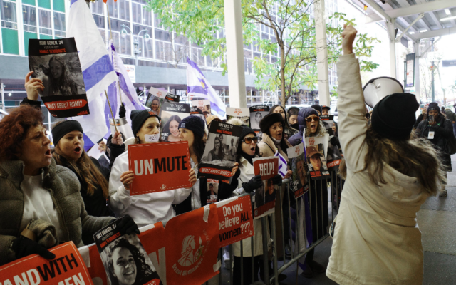 Protesters gather outside UN Women's headquarters, calling for the organization to condemn Hamas atrocities against women on October 7, 2023, New York, December 2, 2024. (The Hostages Families Forum) Protesters gather outside UN Women's headquarters, calling for the organization to condemn Hamas atrocities against women on October 7, 2023, New York, December 2, 2024. (The Hostages Families Forum)