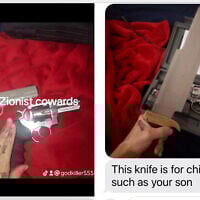 Threats that Donovan Hall allegedly sent to the Settenbrino family over videos their son shared from Gaza. (Courtesy)