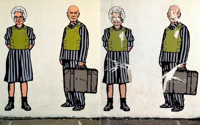 Before and after photos of the Antisemitism, History Repeating" mural by AleXsandro Palombo in Milan Italy before it was removed by vandals. (Courtesy: AleXsandro Palombo)