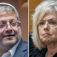 National Security Minister Itamar Ben Gvir (Chaim Goldberg/Flash90); Attorney General Gali Baharav-Miara (Oren Ben Hakoon/Pool)