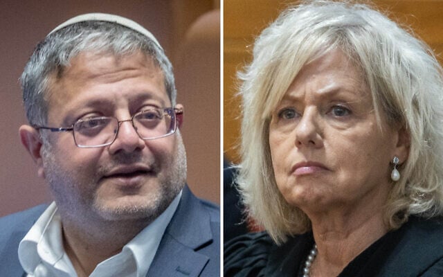 National Security Minister Itamar Ben Gvir (Chaim Goldberg/Flash90); Attorney General Gali Baharav-Miara (Oren Ben Hakoon/Pool) National Security Minister Itamar Ben Gvir (Chaim Goldberg/Flash90); Attorney General Gali Baharav-Miara (Oren Ben Hakoon/Pool)