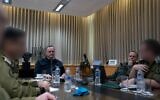 Defense Minister Israel Katz (center) meets with the head of the Military Intelligence Directorate, Maj. Gen. Shlomi Binder (right) and other officers at his office for a presentation on two IDF probes into the October 7 onslaught, on December 27, 2024. (Ariel Hermoni/Defense Ministry)