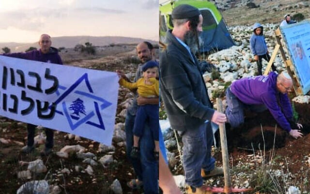 Israeli settler activists set up tents in what they claimed is southern Lebanon, which the IDF initially denied, December 7, 2024. Banner reads: "Lebanon is ours." (Uri Tzafon Movement)