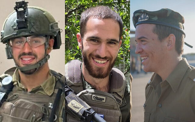 Soldiers killed in the northern Gaza Strip on December 23, 2024: (L-R) Cpt. Ilay Gavriel Atedgi, Staff Sgt. Netanel Pessach, and Sgt. First Class (res.) Hillel Diener. (Israel Defense Forces)