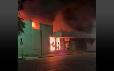 Footage posted to social media shows a fire blazing in the Adass Israel Synagogue in the Melbourne suburb of Ripponlea, Australia, December 6, 2024. (Screenshot, used in accordance with Clause 27a of the Copyright Law)