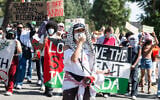 On the anniversary of the October 7, 2023, Hamas onslaught, anti-Israel, pro-Palestinian protesters march in support of the Boycott, Divestment and Sanctions movement against Israel, on the Los Angeles campus of the University of Southern California, October 7, 2024 in Los Angeles. (Sarah Reingewirtz, Los Angeles Daily News/SCNG, via JTA)