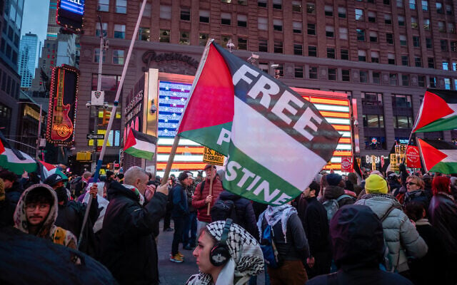 Anti-Israel protesters in Times Square, New York City, January 1, 2025. (Luke Tress/Times of Israel)