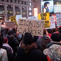 Illustrative: An anti-Israel protest in Times Square, New York City, January 6, 2025. (Luke Tress/Times of Israel)