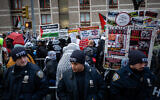 Illustrative: Police officers at an anti-Israel protest at the NYU Langone Medical Center in New York City, January 6, 2025. (Luke Tress/Times of Israel)