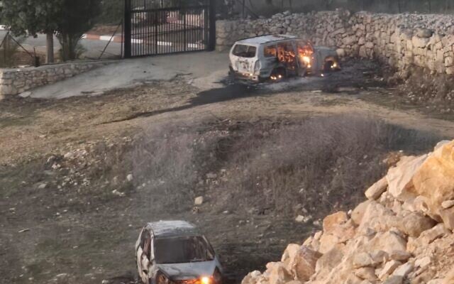 Vehicles allegedly torched by settlers during an attack on the Palestinian village of Silwad on January 3, 2025. (Yesh Din)