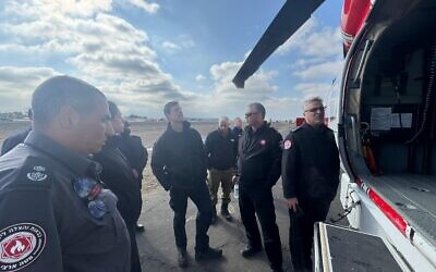 Delegation of Israeli experts meets with California firefighters as part of week-long trip to help the US state combat its massive wildfires on January 19, 2025. (Courtesy/Shai Levy)