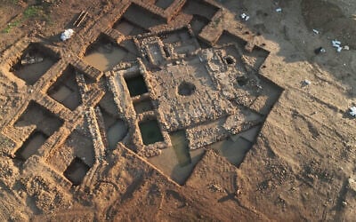 The IAA excavation near Kiryat Gat showing an aerial view of the wine making operation, in an image released January 6, 2024.  (Emil Aladjem/Israel Antiquities Authority)