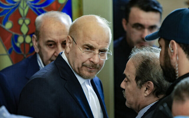 Iran's Parliament Speaker Mohammad Bagher Ghalibaf (2-L)) speaks with Lebanese counterpart in Beirut, Lebanon, October 12, 2024. (AFP)