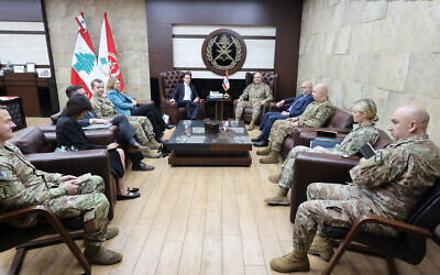 A handout picture provided by the Lebanese Army Press Office shows Lebanese Armed Forces Commander General Joseph Aoun (C-R) meeting with US special envoy Amos Hochstein (C-L) at his office in Yarze, east of Beirut on January 6, 2025. (Lebanese Army Press Office / AFP)
