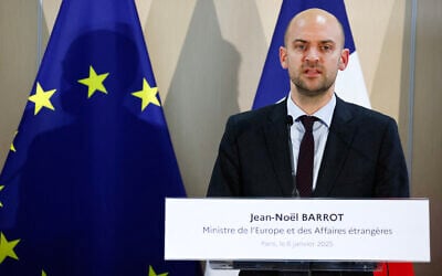 France's Minister for Europe and Foreign Affairs Jean-Noel Barrot delivers a speech during the annual conference of French ambassadors at the International Conference Centre of the French Foreign Affairs ministry in Paris on January 6, 2025. (Ludovic MARIN / AFP)