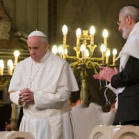 Pope Francis flanked by Rabbi Riccardo Di Segni, right, during his visit to the Great Synagogue of Rome, Sunday, Jan. 17, 2016.  (AP Photo/Alessandra Tarantino)