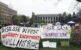 Signs are displayed outside a tent encampment at Northwestern University on April 26, 2024, in Evanston, Illinois. (AP Photo/ Teresa Crawford)