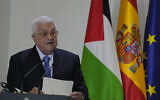 Palestinian Authority President Mahmoud Abbas speaks after his meeting with Spain's Prime Minister Pedro Sanchez at the Moncloa palace in Madrid, Spain, September 19, 2024. (AP Photo/Paul White)