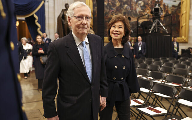 Sen. Mitch McConnell, left, arrives with his wife, former US Secretary of Transportation Elaine Chao, before the Inauguration of US President Donald Trump, in the Rotunda of the US Capitol in Washington, January 20, 2025. (Chip Somodevilla/Pool Photo via AP) Sen. Mitch McConnell, left, arrives with his wife, former US Secretary of Transportation Elaine Chao, before the Inauguration of US President Donald Trump, in the Rotunda of the US Capitol in Washington, January 20, 2025. (Chip Somodevilla/Pool Photo via AP)