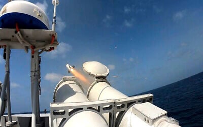 In this image provided on January 24, 2025, by Sepahnews of the Iranian Revolutionary Guard, a missile is launched by a vessel during the guard's drill in the Persian Gulf. (Sepahnews via AP)