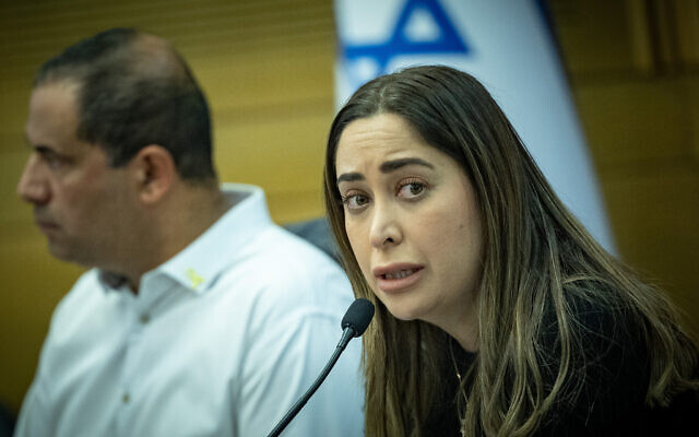 Social Equality Minister May Golan attends a Status of Women and Gender Equality Committee meeting at the Knesset, in Jerusalem on May 26, 2024. (Yonatan Sindel/Flash90) Social Equality Minister May Golan attends a Status of Women and Gender Equality Committee meeting at the Knesset, in Jerusalem on May 26, 2024. (Yonatan Sindel/Flash90)