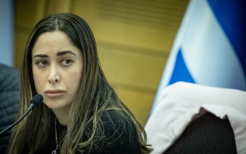 Minister for Social Equality and Minister for Women's Empowerment May Golan attends a Status of Women and Gender Equality Committee meeting at the Knesset, in Jerusalem on May 26, 2024. (Yonatan Sindel/Flash90)