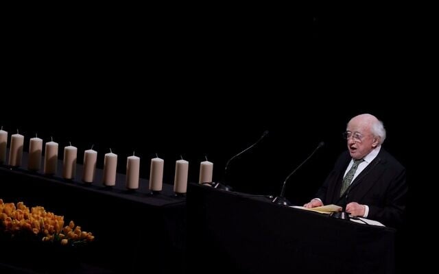 Irish President Michael D. Higgins speaks at the National Holocaust Memorial Day Commemoration at the Mansion House in Dublin, January 26, 2025. (President of Ireland/X)