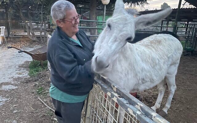 Edna Hefer cuddles with Messiah the donkey in the petting zoo of Kibbutz Nahal Oz, southern Israel, January 16, 2025. (Sue Surkes/Times of Israel)