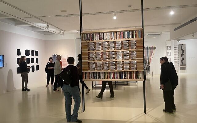 Gali Cnaani's work in the exhibit 'Textile–Art–Textile: Perspectives on Then and Now,' at the Herzliya Museum of Contemporary Art, open through May 1, 2025 (Jessica Steinberg/Times of Israel)