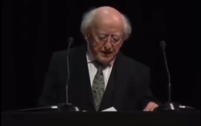 Ireland's President Michael D. Higgins speaking at the state Holocaust memorial ceremony in Dublin, Ireland, January 26, 2025. (Screenshot from X, used in accordance with Clause 27a of the Copyright Law)