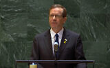 President Isaac Herzog  speaks during a ceremony at the United Nations to mark International Holocaust Remembrance Day, at UN headquarters in New York City on January 27, 2025. (UN screenshot)