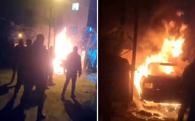 Footage posted to social media shows Israeli settlers raiding the northern West Bank Palestinian village of Hajja, in apparent retaliation for a deadly terror shooting attack nearby earlier in the day, January 6, 2025. (Screenshot, used in accordance with Clause 27a of the Copyright Law)