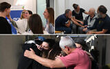 (Top L-R:) Freed hostage Agam Berger reunites with her family at Rabin Medical Center in Petah Tikva on January 30, 2025. (Haim Zach/GPO); Freed hostage Gadi Mozes reunites with his children at an IDF facility near Re'im on January 30, 2025 (IDF); Arbel Yehoud reunites with her family at an IDF facility close to the Gaza border, January 30, 2025 (IDF)