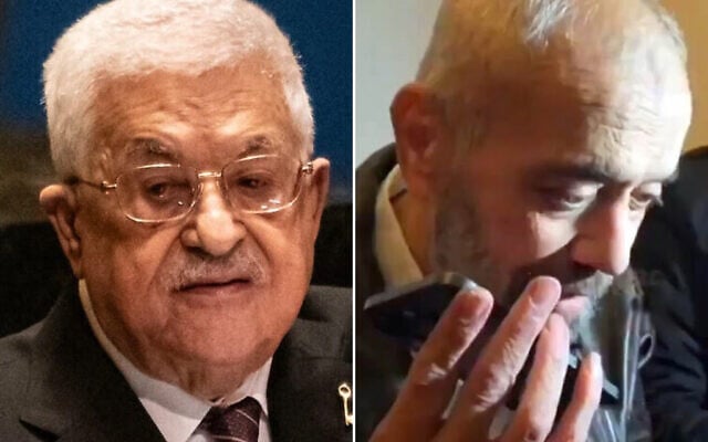 Left: Palestinian Authority President Mahmoud Abbas (Stephanie Keith / Getty Images via AFP); right: Released Fatah terrorist Yasser Abu-Bakr takes a call from Abbas on January 25, 2025. (X; used in accordance with clause 27a of the copyright law)